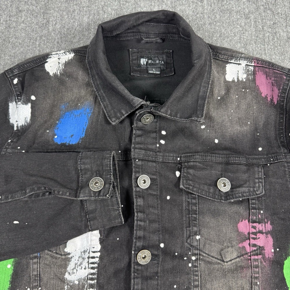 Waimea Men's L Black Denim Jacket Paint Splatter Graffiti Streetwear Trucker
